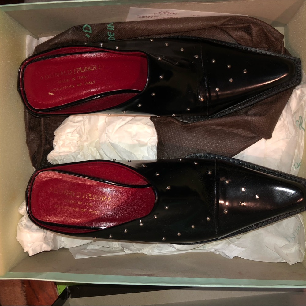 Donald J Pliner Trace Black Patent Leather Mule Western Studded Made in Italy 7M